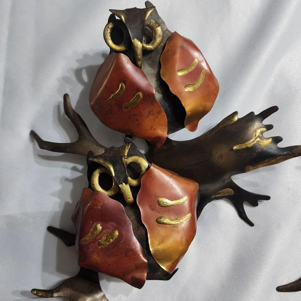 Vintage Brutalist Metal Owl Wall Art Set Mid Century Modern Copper Brass Tones